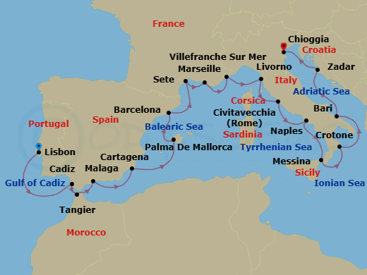 Route map: Lisbon → Seville (Cadiz) → Tangier → Granada (Malaga) → Murcia (Cartagena) → Palma De Mallorca → Barcelona → Sete → Marseille → Villefranche-Sur-Mer