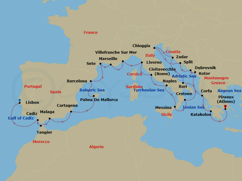 Route map: Lisbon → Seville (Cadiz) → Tangier → Granada (Malaga) → Murcia (Cartagena) → Palma De Mallorca → Barcelona → Sete → Marseille → Villefranche-Sur-Mer