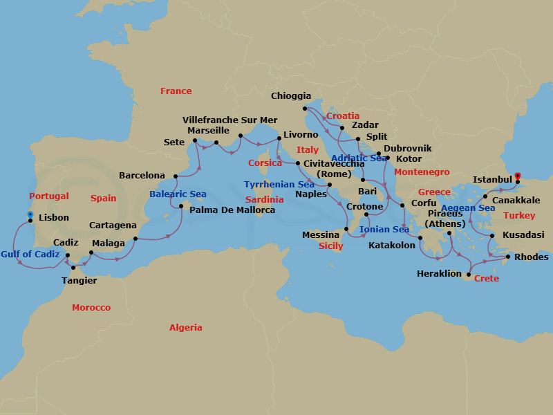 Route map: Lisbon → Seville (Cadiz) → Tangier → Granada (Malaga) → Murcia (Cartagena) → Palma De Mallorca → Barcelona → Sete → Marseille → Villefranche-Sur-Mer