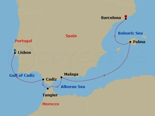 Route map: Lisbon → Seville (Cadiz) → Tangier → Granada (Malaga) → Palma De Mallorca → Barcelona