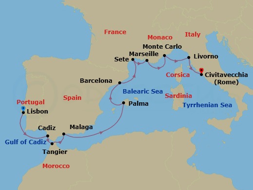 Route map: Lisbon → Seville (Cadiz) → Tangier → Granada (Malaga) → Palma De Mallorca → Barcelona → Sete → Marseille → Monte Carlo → Florence/Pisa (Livorno)