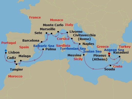 Route map: Lisbon → Seville (Cadiz) → Tangier → Granada (Malaga) → Palma De Mallorca → Barcelona → Sete → Marseille → Monte Carlo → Florence/Pisa (Livorno)