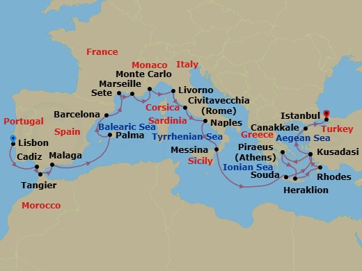 Route map: Lisbon → Seville (Cadiz) → Tangier → Granada (Malaga) → Palma De Mallorca → Barcelona → Sete → Marseille → Monte Carlo → Florence/Pisa (Livorno)