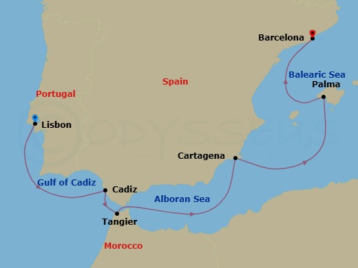 Route map: Lisbon → Seville (Cadiz) → Tangier → Murcia (Cartagena) → Palma De Mallorca → Barcelona