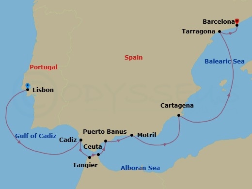 Route map: Lisbon, Portugal → Cadiz (Seville), Spain → Tangier, Morocco → Ceuta, Spanish Morocco, Spain → Puerto Banus, Spain → Motril (Granada), Spain → Cartagena, Spain → Tarragona, Spain → Barcelona, Spain
