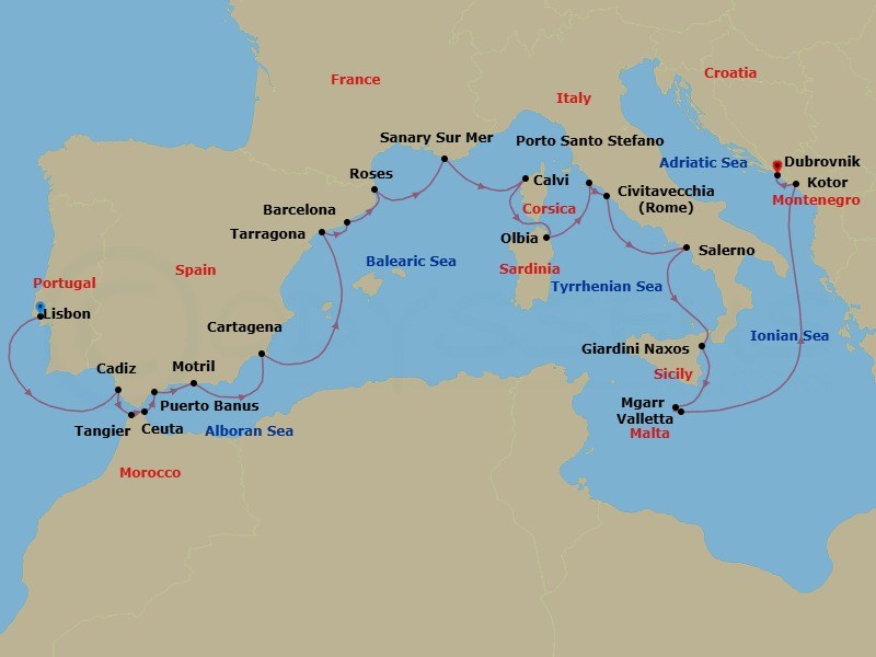 Route map: Lisbon, Portugal → Cadiz (Seville), Spain → Tangier, Morocco → Ceuta, Spanish Morocco, Spain → Puerto Banus, Spain → Motril (Granada), Spain → Cartagena, Spain → Tarragona, Spain → Barcelona, Spain → Rosas (Roses), Spain