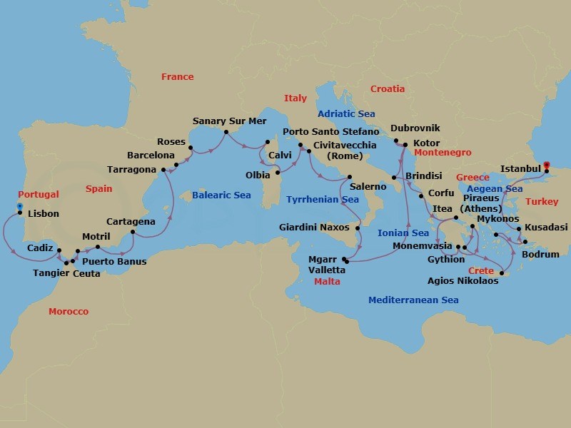 Route map: Lisbon, Portugal → Cadiz (Seville), Spain → Tangier, Morocco → Ceuta, Spanish Morocco, Spain → Puerto Banus, Spain → Motril (Granada), Spain → Cartagena, Spain → Tarragona, Spain → Barcelona, Spain → Rosas (Roses), Spain