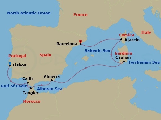 Route map: Lisbon → Cadiz → Tangier → Almeria → Cagliari (Sardinia) → Ajaccio (Corsica) → Barcelona