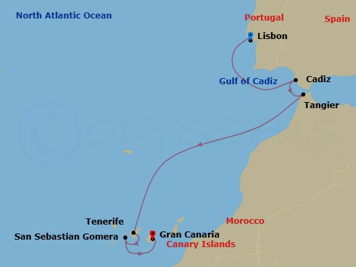 Route map: Lisbon → Cadiz → Tangier → Tenerife, Canary Islands → San Sebastian De La Gomera → Gran Canaria, Canary Islands