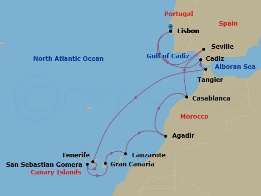 Route map: Lisbon → Cadiz → Tangier → Tenerife, Canary Islands → San Sebastian De La Gomera → Gran Canaria, Canary Islands → Lanzarote, Canary Islands → Agadir → Casablanca → Seville