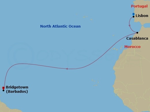 Route map: Lisbon, Portugal → Casablanca, Morocco → Bridgetown, Barbados