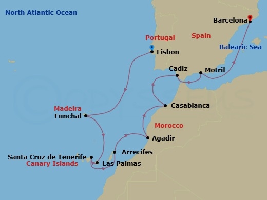 Route map: Lisbon, Portugal → Funchal, Portugal → Las Palmas  Gran Canaria, Spain → Santa Cruz De Tenerife, Spain → Arrecife, Spain → Agadir, Morocco → Casablanca, Morocco → Cadiz  Seville, Spain → Motril, Spain → Barcelona, Spain