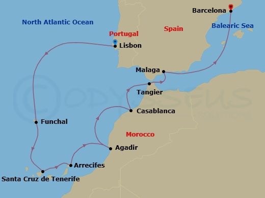 Route map: Lisbon → Funchal (Madeira) → Santa Cruz De Tenerife → Arrecife (Lanzarote) → Agadir → Casablanca → Tangier → Malaga → Barcelona