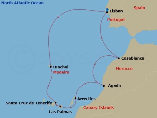 Route map: Lisbon → Funchal (Madeira) → Santa Cruz De Tenerife → Las Palmas De Gran Canaria → Arrecife (Lanzarote) → Agadir → Casablanca → Lisbon