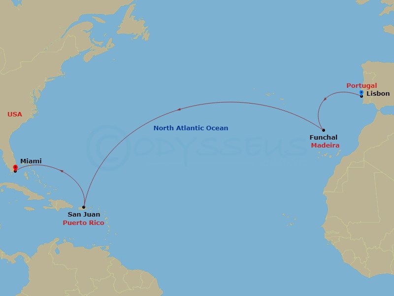 Route map: Lisbon → Funchal (Madeira) → San Juan → Miami