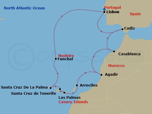 Route map: Lisbon → Funchal (Madeira) → Santa Cruz De La Palma → Santa Cruz De Tenerife → Las Palmas De Gran Canaria → Arrecife (Lanzarote) → Agadir → Casablanca → Cadiz → Lisbon