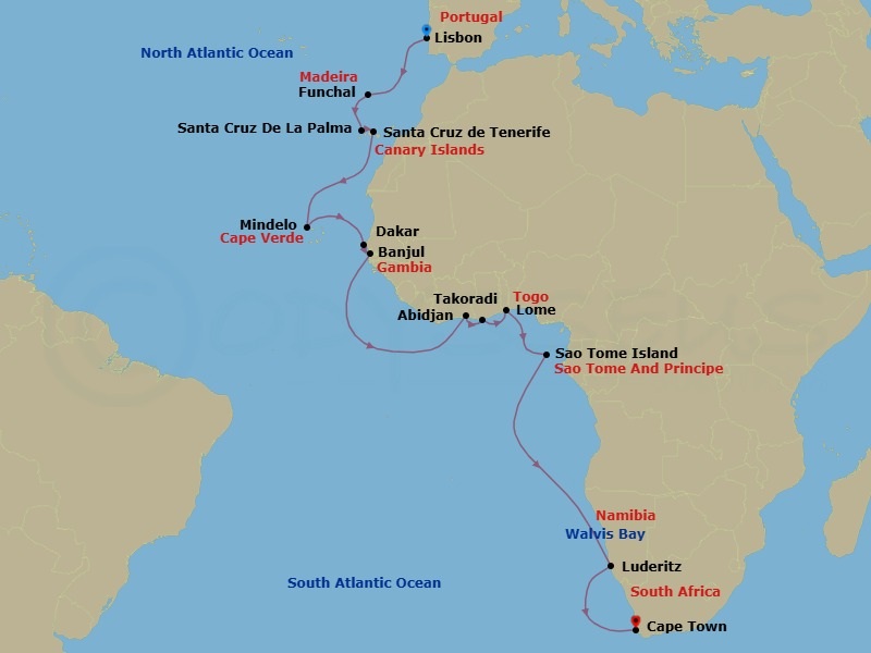 Route map: Lisbon → Funchal (Madeira) → Santa Cruz De La Palma → Santa Cruz De Tenerife → Mindelo (Sao Vicente) → Dakar → Banjul → Abidjan → Sekondi-Takoradi → Lome