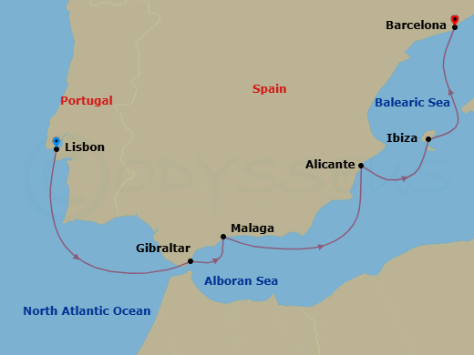 Route map: Lisbon → Gibraltar → Malaga, Spain → Alicante → Ibiza → Barcelona