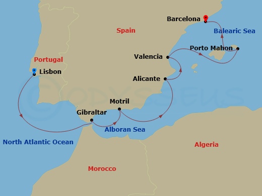 Route map: Lisbon → Gibraltar → Motril → Alicante → Valencia → Porto Mahon → Barcelona