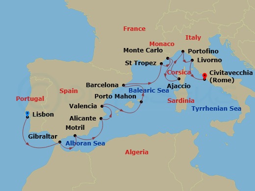 Route map: Lisbon → Gibraltar → Motril → Alicante → Valencia → Porto Mahon → Barcelona → Saint Tropez → Monte Carlo → Ajaccio (Corsica)