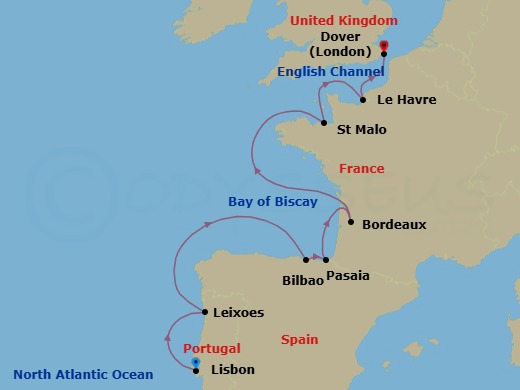 Route map: Lisbon → Porto (Leixoes) → Bilbao → Pasajes- San Sebastian → Bordeaux → Saint-Malo → Le Havre → Dover