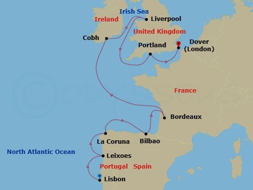 Route map: Lisbon, Portugal → Leixoes (Porto), Portugal → A Coruna, Spain → Bilbao, Spain → Le Verdon (Bordeaux), France → Cobh (Cork), Ireland → Liverpool, England, United Kingdom → Portland (Weymouth), England, United Kingdom → Dover (London), England, UK