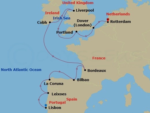 Route map: Lisbon, Portugal → Leixoes (Porto), Portugal → A Coruna, Spain → Bilbao, Spain → Le Verdon (Bordeaux), France → Cobh (Cork), Ireland → Liverpool, England, United Kingdom → Portland (Weymouth), England, United Kingdom → Dover (London), England, UK → Rotterdam, The Netherlands