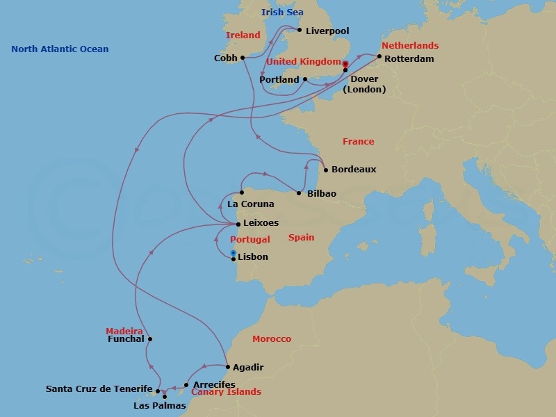 Route map: Lisbon, Portugal → Leixoes (Porto), Portugal → A Coruna, Spain → Bilbao, Spain → Le Verdon (Bordeaux), France → Cobh (Cork), Ireland → Liverpool, England, United Kingdom → Portland (Weymouth), England, United Kingdom → Dover (London), England, UK → Rotterdam, The Netherlands