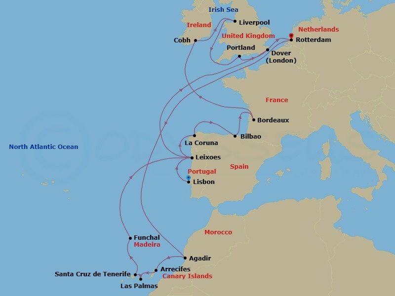 Route map: Lisbon, Portugal → Leixoes (Porto), Portugal → A Coruna, Spain → Bilbao, Spain → Le Verdon (Bordeaux), France → Cobh (Cork), Ireland → Liverpool, England, United Kingdom → Portland (Weymouth), England, United Kingdom → Dover (London), England, UK → Rotterdam, The Netherlands