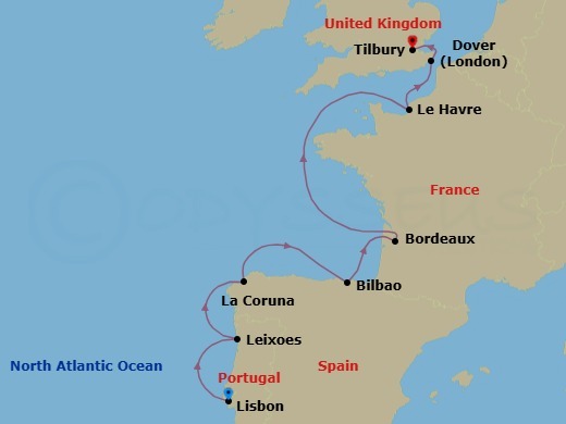 Route map: Lisbon → Porto (Leixoes) → A Coruna → Bilbao → Bordeaux → Paris (Le Havre) → Dover → London (Tilbury)