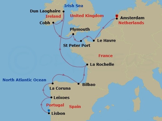 Route map: Lisbon, Portugal → Leixoes (Porto), Portugal → A Coruna, Spain → Bilbao, Spain → La Rochelle, France → Dun Laoghaire (Dublin), Ireland → Cobh (Cork), Ireland → Plymouth, England, United Kingdom → St Peter Port, Guernsey → Le Havre (Paris), France