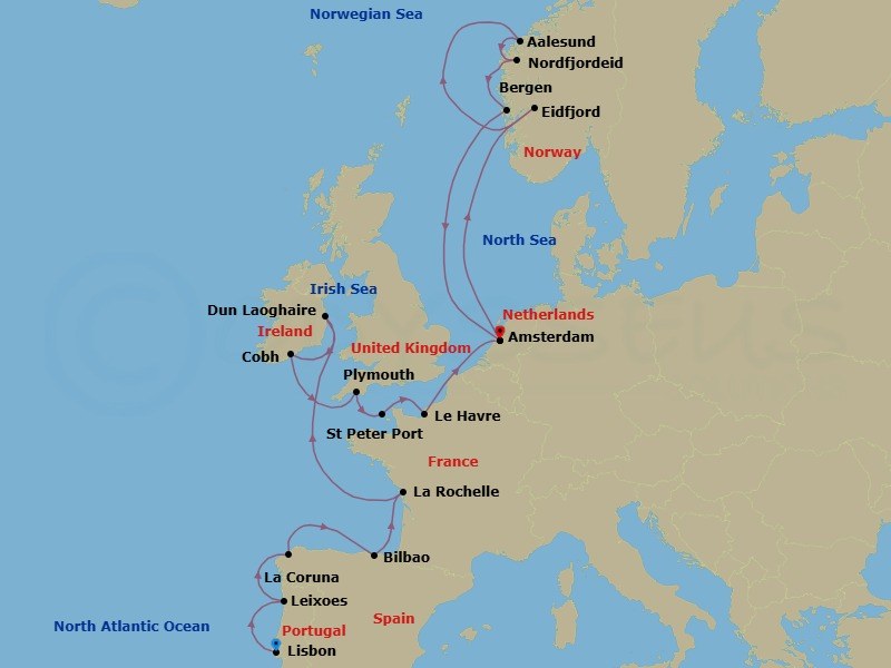 Route map: Lisbon, Portugal → Leixoes (Porto), Portugal → A Coruna, Spain → Bilbao, Spain → La Rochelle, France → Dun Laoghaire (Dublin), Ireland → Cobh (Cork), Ireland → Plymouth, England, United Kingdom → St Peter Port, Guernsey → Le Havre (Paris), France