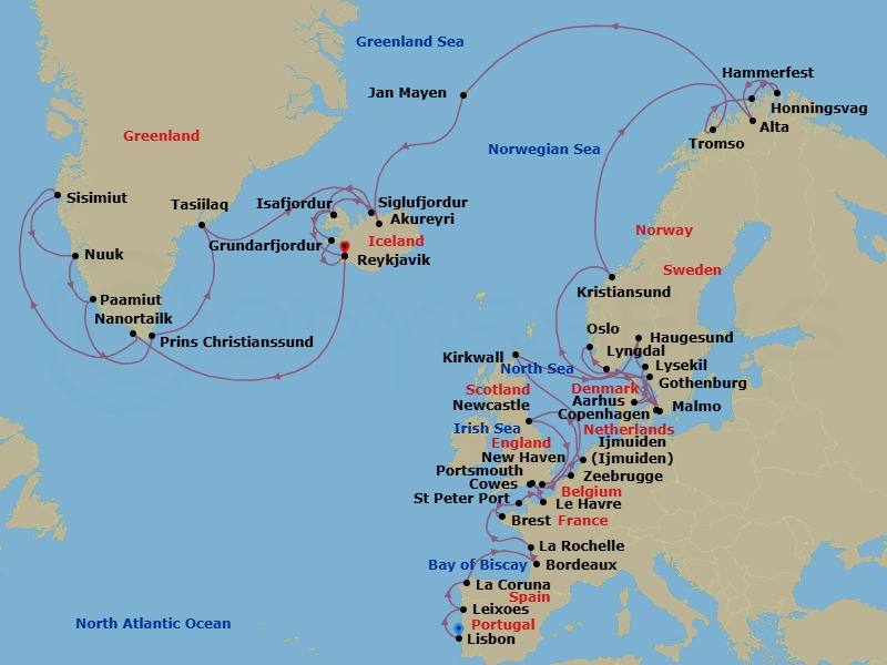 Route map: Lisbon → Leixoes (Porto) → A Coruna → Bordeaux → La Rochelle → Brest → St Peter Port → Le Havre → Cowes → Portsmouth