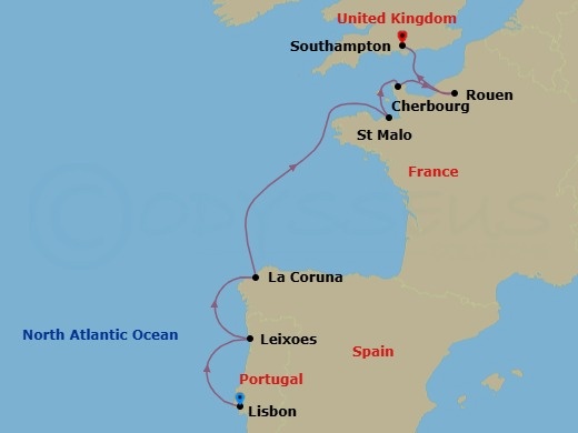 Route map: Lisbon, Portugal → Leixoes (Porto), Portugal → A Coruna, Spain → St Malo (Le Mont Saint Michel), France → Cherbourg (Normandy), France → Rouen (Paris), France → Southampton (London), England