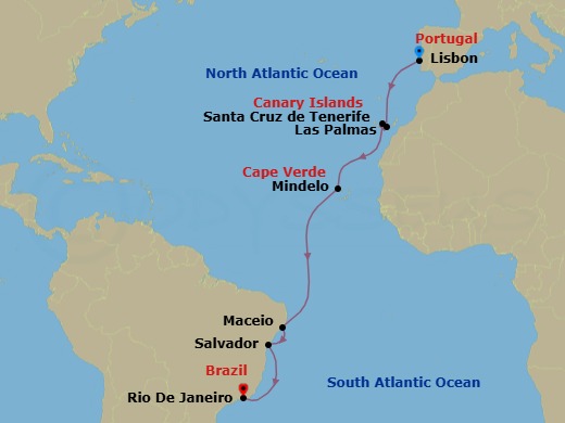 Route map: Lisbon → Las Palmas (Gran Canaria) → Santa Cruz (Tenerife) → Mindelo (Sao Vicente) → Maceio → SALVADOR BAHIA → Rio de Janeiro