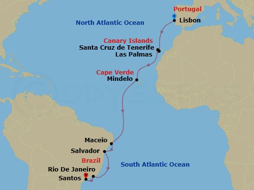 Route map: Lisbon → Las Palmas (Gran Canaria) → Santa Cruz (Tenerife) → Mindelo (Sao Vicente) → Maceio → SALVADOR BAHIA → Rio de Janeiro → Santos (Sao Paulo)