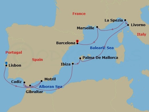 Route map: Lisbon, Portugal → Motril, Spain → Cadiz  Seville, Spain → Gibraltar → Ibiza, Spain → Palma Majorca, Spain → Livorno  Florence Pisa, Italy → La Spezia, Italy → Provence  Marseille, France → Barcelona, Spain