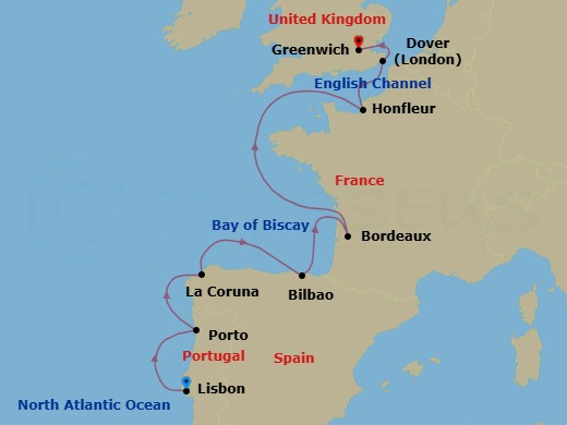 Route map: Lisbon → Porto → A Coruna → Bilbao → Bordeaux → Paris (Honfleur) → Dover → London (Greenwich)
