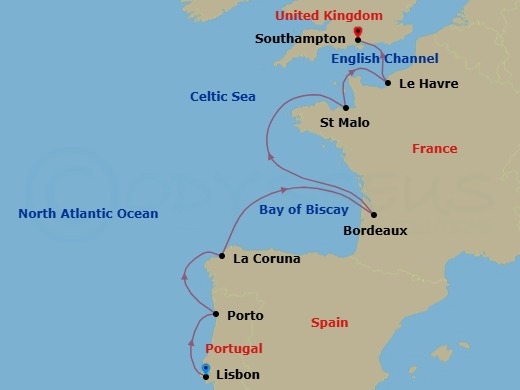 Route map: Lisbon → Oporto → La Coruna → Bordeaux → Saint-Malo → Paris (Le Havre) → London (Southampton)