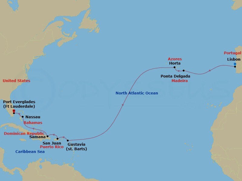 Route map: Lisbon → Ponta Delgada (Sao Miguel Island) → Horta → Gustavia, St Barthelemy → San Juan → Samana → Nassau (Paradise Island) → Fort Lauderdale