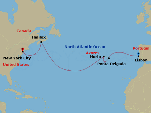 Route map: Lisbon → Ponta Delgada (Sao Miguel Island) → Horta → Halifax → New York