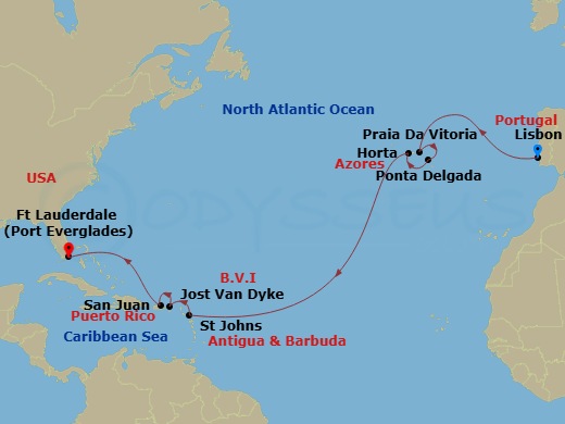 Route map: Lisbon → Praia da Vitoria, Azores → Ponta Delgada (Sao Miguel Island) → Horta → St Johns → Jost Van Dyke (British Virgin Islands) → San Juan → Fort Lauderdale