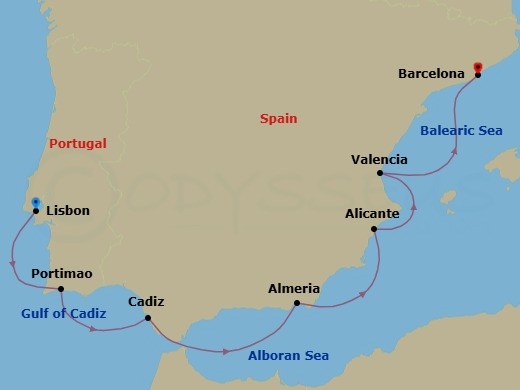 Route map: Lisbon → Portimao → Cadiz → Almeria → Alicante → Valencia → Barcelona