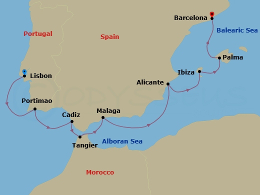 Route map: Lisbon → Portimao → Cadiz → Tangier → Malaga → Alicante → Ibiza → Palma De Mallorca → Barcelona