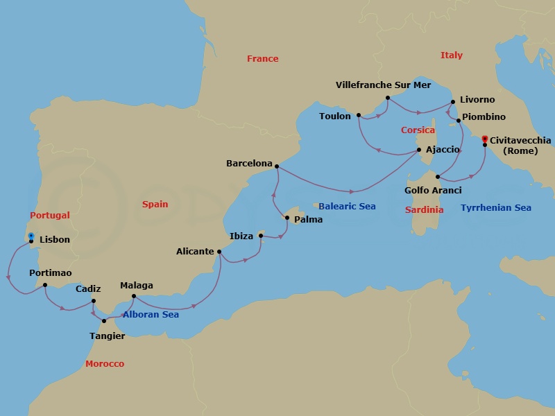Route map: Lisbon → Portimao → Cadiz → Tangier → Malaga → Alicante → Ibiza → Palma De Mallorca → Barcelona → Ajaccio (Corsica)