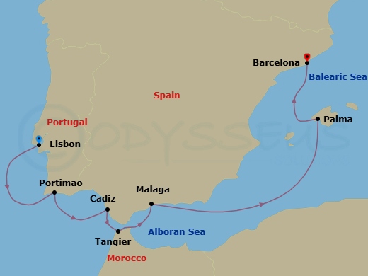 Route map: Lisbon → Portimao → Cadiz → Tangier → Malaga → Palma De Mallorca → Barcelona