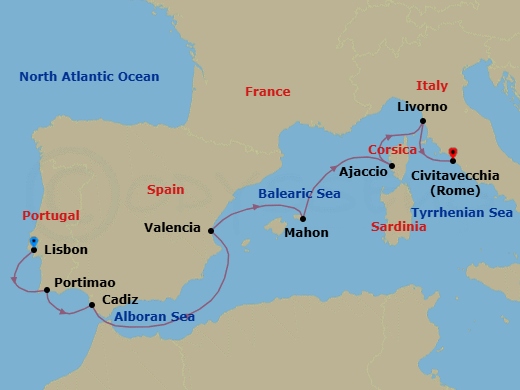 Route map: Lisbon → Portimao → Cadiz → Valencia → Porto Mahon → Ajaccio (Corsica) → Livorno (Tuscany) → Civitavecchia (Rome)