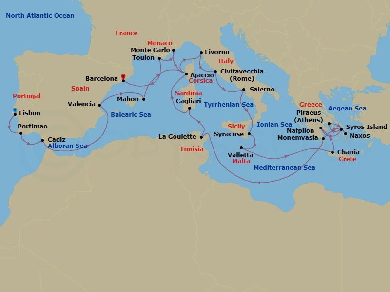 Route map: Lisbon → Portimao → Cadiz → Valencia → Porto Mahon → Ajaccio (Corsica) → Livorno (Tuscany) → Civitavecchia (Rome) → Salerno → Siracusa (Sicily)