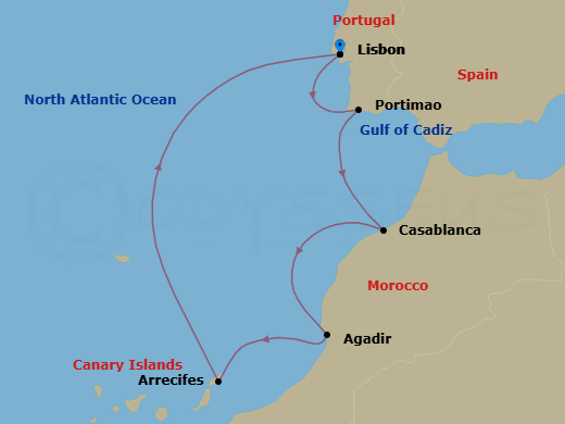 Route map: Lisbon → Portimao → Casablanca (Morocco) → Agadir → Arrecife, Canary Islands → Lisbon