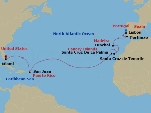Route map: Lisbon → Portimao → Funchal (Madeira) → Santa Cruz De Tenerife → Santa Cruz De La Palma → San Juan → Miami